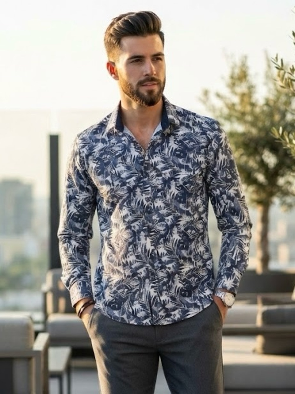 Snail Core Blue White Button-Down Shirt Tropical Palm Leaf Quite Luxury Chic